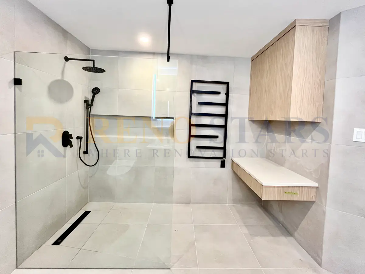 Townhouse bathroom renovation with custom tile, modern vanity and gold fixtures in Burnaby