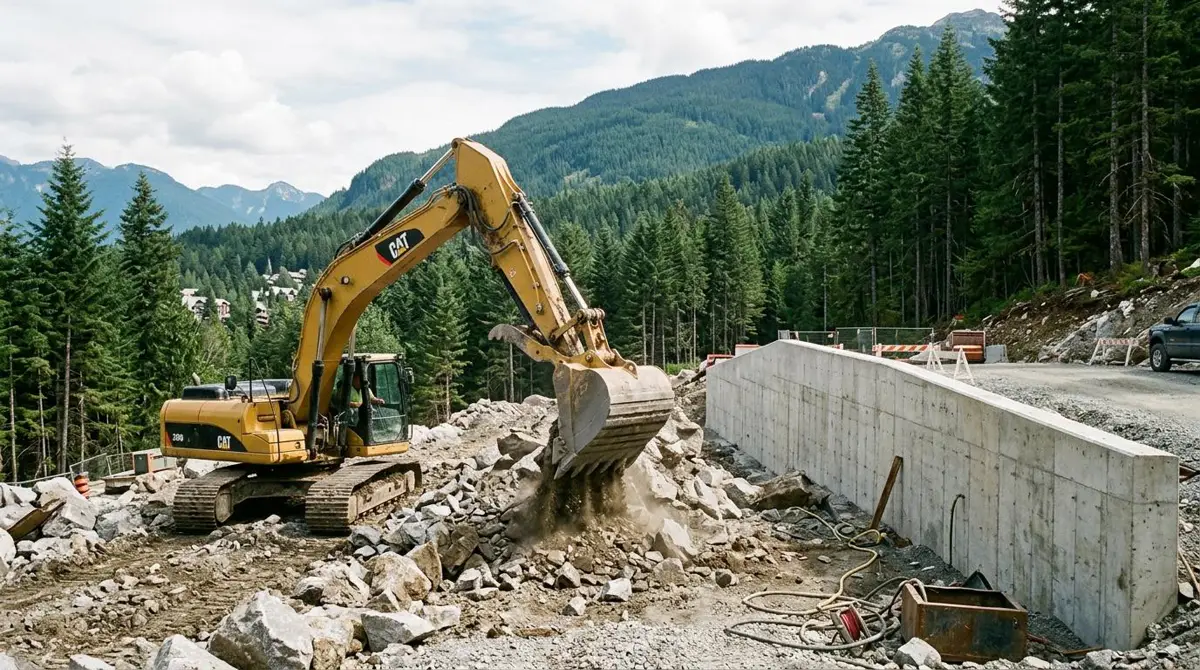 Excavator digging granite bedrock beside an engineered concrete retaining wall in the Sea-to-Sky corridor