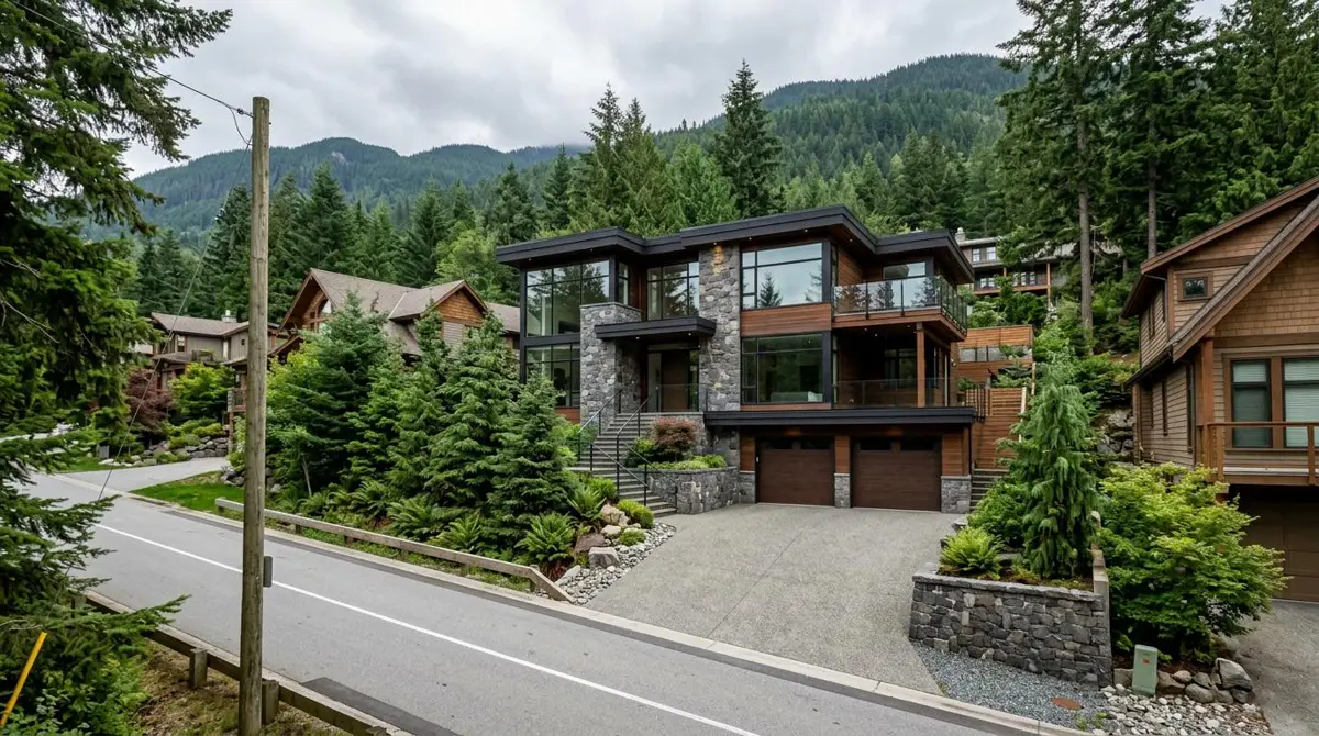 Completed modern wood-and-stone custom home on a mountain slope in the Whistler area by Keystone Possibilities