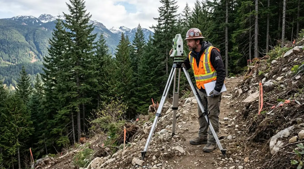 Geotechnical ground assessment with a survey tripod on a steep Sea-to-Sky building lot near Whistler